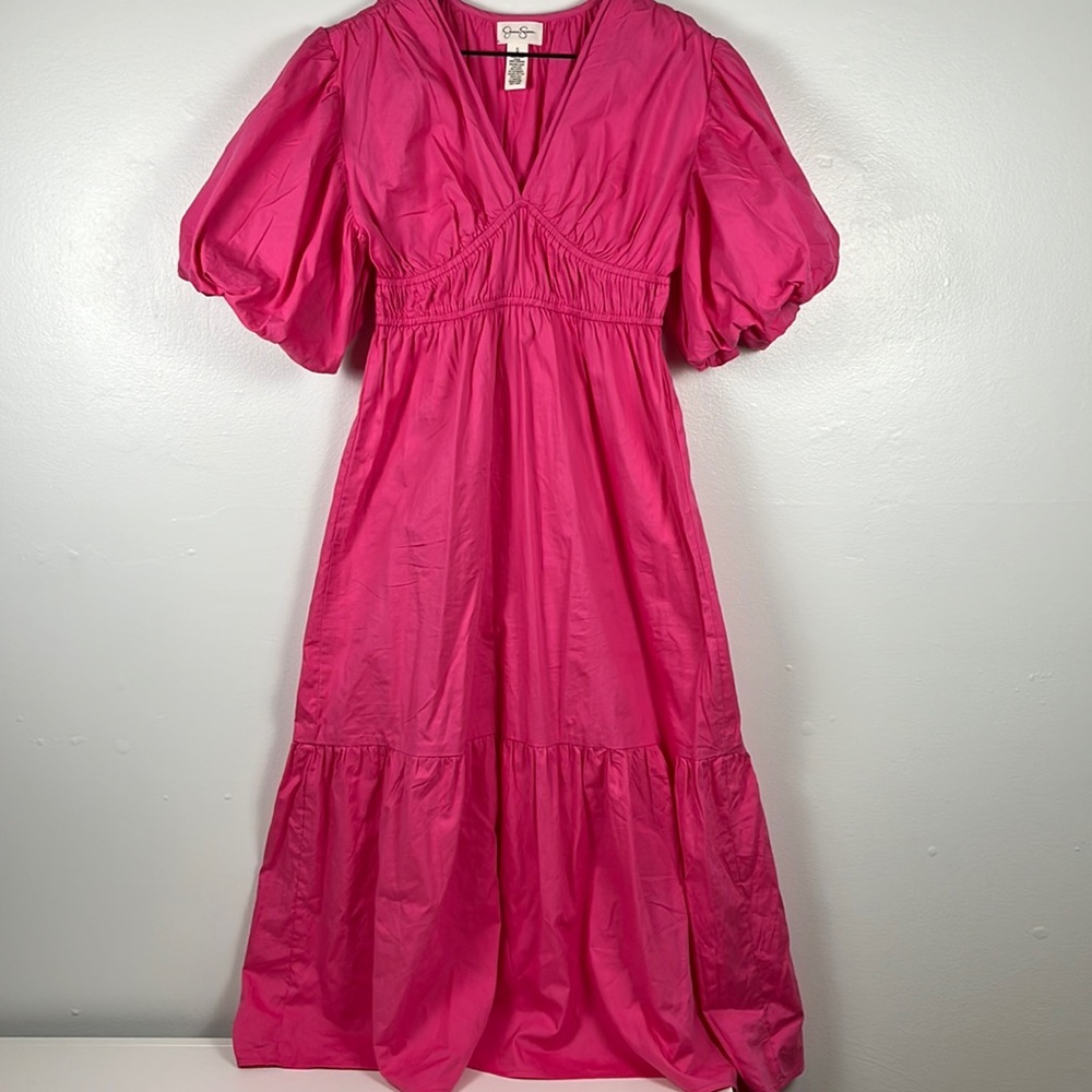Jessica Simpson Tiered Maxi Dress in Barbie Pink Puff Bell Sleeves, size small